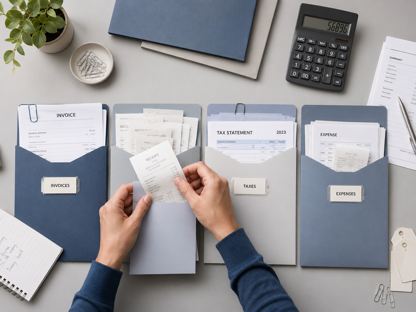 Organized invoices receipts taxes and expense folders for small business bookkeeping